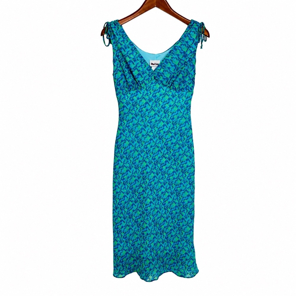 Vintage Blind Date Blue Green Geometric Print Midi Dress Tie Shoulder Size M